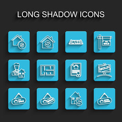 Set line Hanging sign with For Sale, Sold, House dollar, Open house, plan, and contract icon. Vector
