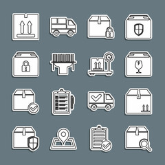 Set line Search package, Cardboard box with traffic, Delivery fragile content, Locked, Scanner scanning bar code, and Scale cardboard icon. Vector