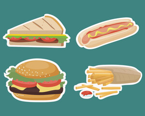 Vector fast food takeout stickers. Set of hamburger, hot dog, sandwich, fries. Cartoon illustration