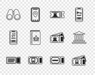 Set line Ticket, Train ticket, Museum, Bus, Binoculars, Cover book travel guide, and building icon. Vector