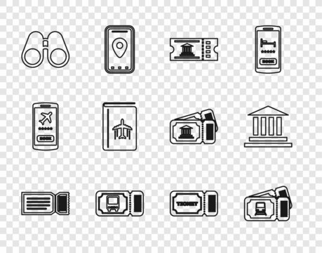 Set line Ticket, Train ticket, Museum, Bus, Binoculars, Cover book travel guide, and building icon. Vector