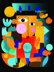 Portrait woman,man face on decorative cubism style character vector illustration.