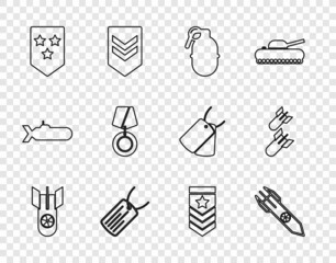 Set line Nuclear bomb, rocket, Hand grenade, Military dog tag, Chevron, reward medal, and Aviation icon. Vector