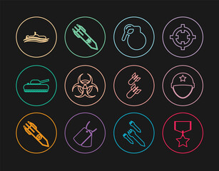 Set line Military reward medal, helmet, Hand grenade, Biohazard symbol, tank, Submarine, Aviation bomb and rocket icon. Vector