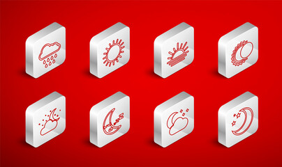 Set line Moon and stars, Sun, Sunset, Eclipse of the sun, Cloud with moon, rain, icon and icon. Vector