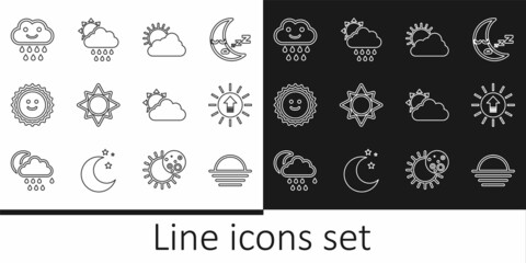 Set line Sunset, and cloud weather, Cloud with rain, and sun icon. Vector