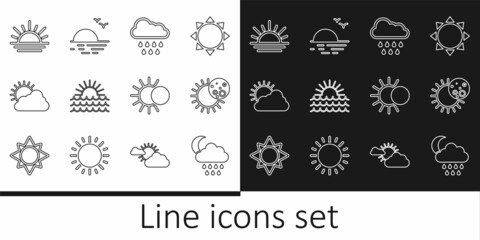 Set line Cloud with rain and moon, Eclipse of the sun, Sunset, cloud weather, and icon. Vector