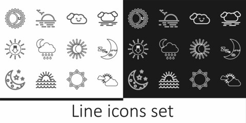 Set line Sun and cloud weather, Moon icon, Cloud, with rain moon, Sunset, Eclipse of sun, and icon. Vector