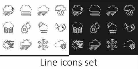 Set line Cloud with snow, Water drop, rain, percentage, and lightning, sun and Fog cloud icon. Vector