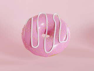 Donut with colorful sprinkles isolated on pink background 3d rendering