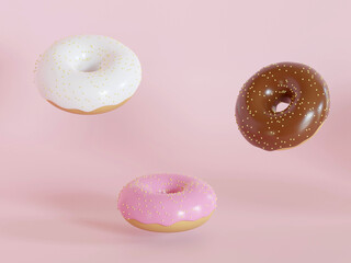 Donut with colorful sprinkles isolated on pink background 3d rendering