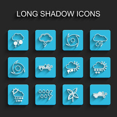 Set line Cloud with snow, rain, sun, Storm, and, Pinwheel, Wind, Cloudy and icon. Vector