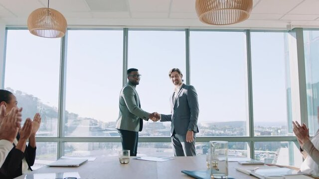 business people handshake in boardroom meeting successful corporate partnership deal executives shaking hands colleagues clapping hands welcoming opportunity for cooperation in office 4k