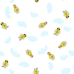Funny avocado seamless pattern. Tropical fruits with clouds on a white background. For children, baby, kids prints, textiles, bed linen, cover, wallpaper. Food or cute character. Vector illustration