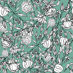 vector illustration seamless pattern exotic fruits on gray-blue background,for wallpaper,fabric or furniture