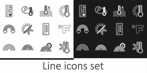 Set line Thermometer with snowflake, Fahrenheit, Water thermometer, Sun and, Rainbow heart, Meteorology, and cloud, moon icon. Vector