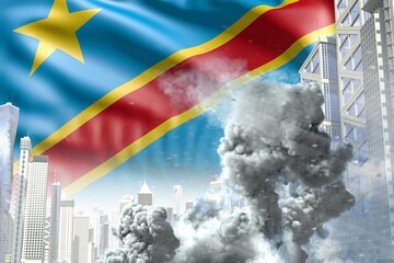 huge smoke pillar in abstract city - concept of industrial accident or act of terror on Democratic Republic of Congo flag background, industrial 3D illustration