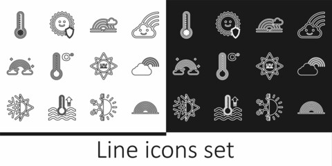 Set line Rainbow, with cloud, Meteorology thermometer, clouds, UV protection and icon. Vector