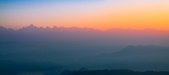 View of Himalays during sunrise at Binsar, a hill station in Almora district, Uttarakhand, India.