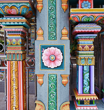 Front view of colorful Hindu temple front gate