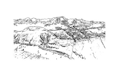 Building view with landmark of La Clusaz is the 
commune in France. Hand drawn sketch illustration in vector.