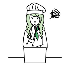 デスクで座ってPCを開いて困っている調理師の女性