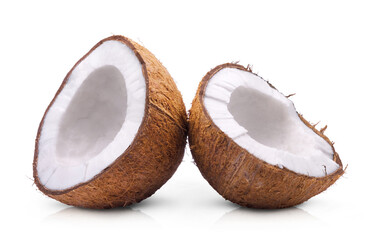 Two halves of ripe sweet coconut isolated on white background.