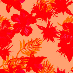 Coral Watercolor Set. Scarlet Flower Set. Pink Seamless Texture. Red Pattern Backdrop. Rusty Tropical Backdrop. Isolated Jungle. Fashion Set.