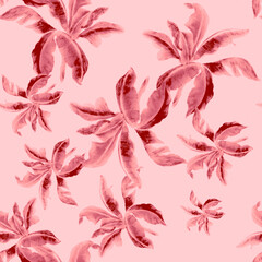 Coral Banana Leaf Textile. Pink Isolated Backdrop. Seamless Illustration. Pattern Illustration. Watercolor Illustration. Tropical Decor. Botanical Textile. Summer Set.