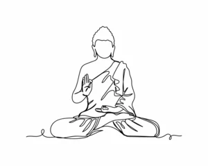 Fotobehang Continuous one line drawing of buddha buddhism icon in silhouette on a white background. Linear stylized. © Yana