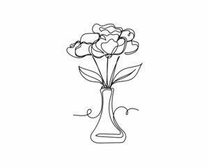 Continuous one line drawing of flowers in vase icon in silhouette on a white background. Linear stylized.