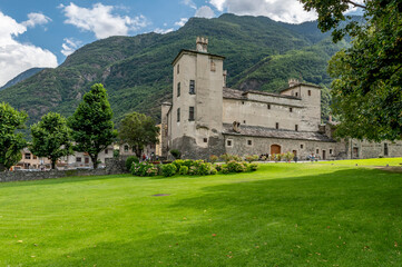 Fototapeta na wymiar The ancient castle of Issogne, Aosta Valley, Italy, on a sunny summer day