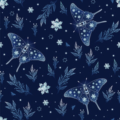 Seamless pattern with cold butterflies. Snowflake butterfly. Design for card, fabric, print, greeting, cloth, poster, clothes, textile.