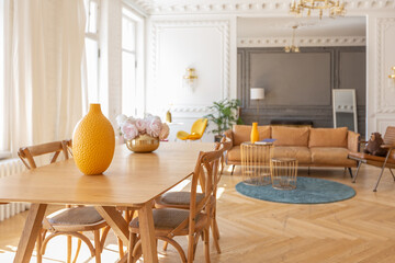 luxury interior of a spacious apartment in an old 19th century historical house with modern furniture. high ceiling and walls are decorated with stucco