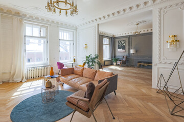 luxury interior of a spacious apartment in an old 19th century historical house with modern...