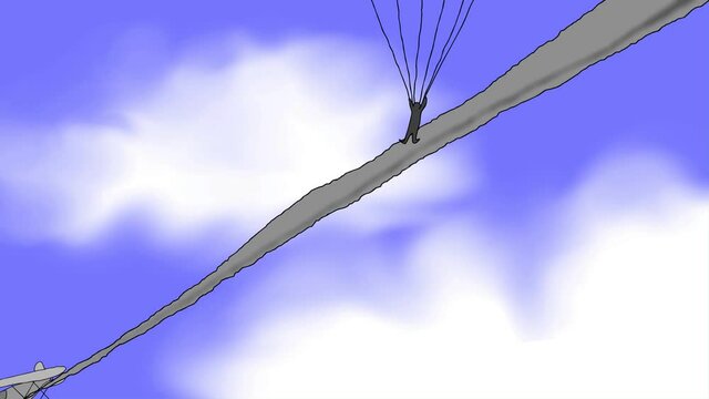 Cartoon plane falling down.Pilot rescued by parachute.
2D cartoon animation.4K.