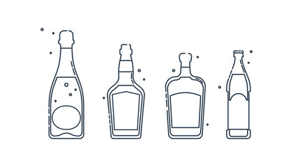 Bottle whiskey champagne liquor beer line art in flat style. Restaurant alcoholic illustration for celebration design. Design contour element. Beverage outline icon. Isolated on white backdrop.