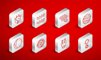 Set line Solstice, Aquarius zodiac, Virgo, Planet Jupiter, Horse, Aries, Solar system and Eclipse of the sun icon. Vector