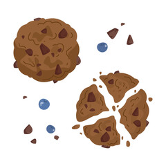 Set of freehand drawings of chocolate oatmeal cookies whole and broken. Cartoon kids dessert illustration cookies and blueberries. Vector baking clipart isolate on white background. Cookie icon