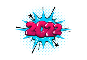 2022Christmas comic text speech bubble. Halftone vector illustration banner. Pop art style