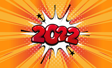 Fototapeta premium 2022 Christmas comic text wiith speech bubble in pop art style. Vintage comics style 2022 Xmas poster.
