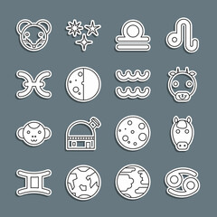 Set line Cancer zodiac, Horse, Ox, Libra, Eclipse of the sun, Pisces, Rat and Aquarius icon. Vector