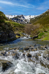 route of the waterfalls of the river Faro, hiking mountain water north spain landscape Valley...