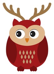 Cute Owl Wearing Deer Antlers. Vector Cute Christmas Owl 