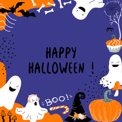Halloween background. Lettering. Pumpkins, bats, spiders, cute ghosts, mushrooms  and bones. Doodle border. Vector frame