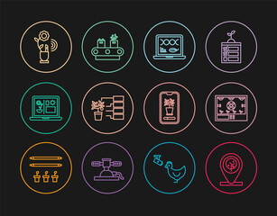 Set line Location and tree, Smart farming technology, Genetic engineering modification, Flower analysis, control system and Conveyor belt with box icon. Vector