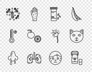 Obraz premium Set line Runny nose, Can container for milk, Medicine bottle and pills, Lungs, Bacteria, Orange fruit, Man with excessive sweating and Pet icon. Vector