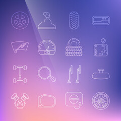 Set line Car wheel, mirror, Gear shifter, tire, Speedometer, Windscreen wiper, and icon. Vector
