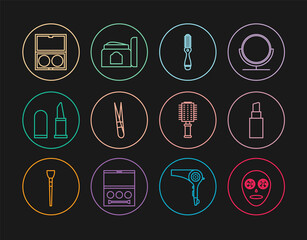 Set line Facial cosmetic mask, Lipstick, Hairbrush, Eyebrow tweezers, Makeup powder with mirror, and Cream tube icon. Vector