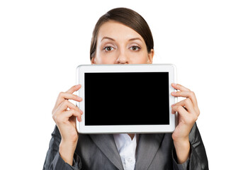 Businesswoman holding tablet computer layout